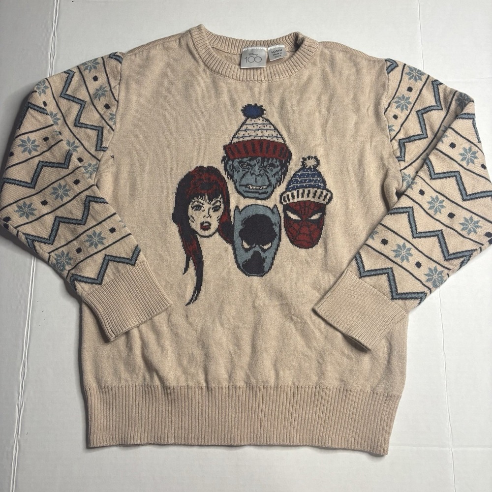 Disney 100 Kids Boys Marvel Holiday Sweater Medium Size Beige Pullover Top